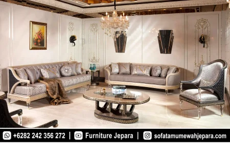Desain Sofa Tamu Mewah Klasik Premium Warna Silver Elegan ST-014
