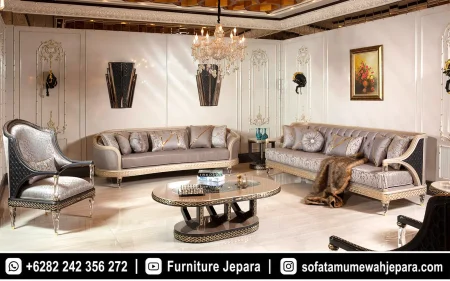 Desain Sofa Tamu Mewah Klasik Premium Warna Silver Elegan ST-014