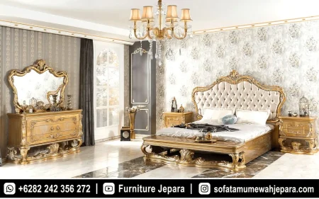 Desain tempat Tidur Ukiran Klasik Mewah Warna Gold ST-022