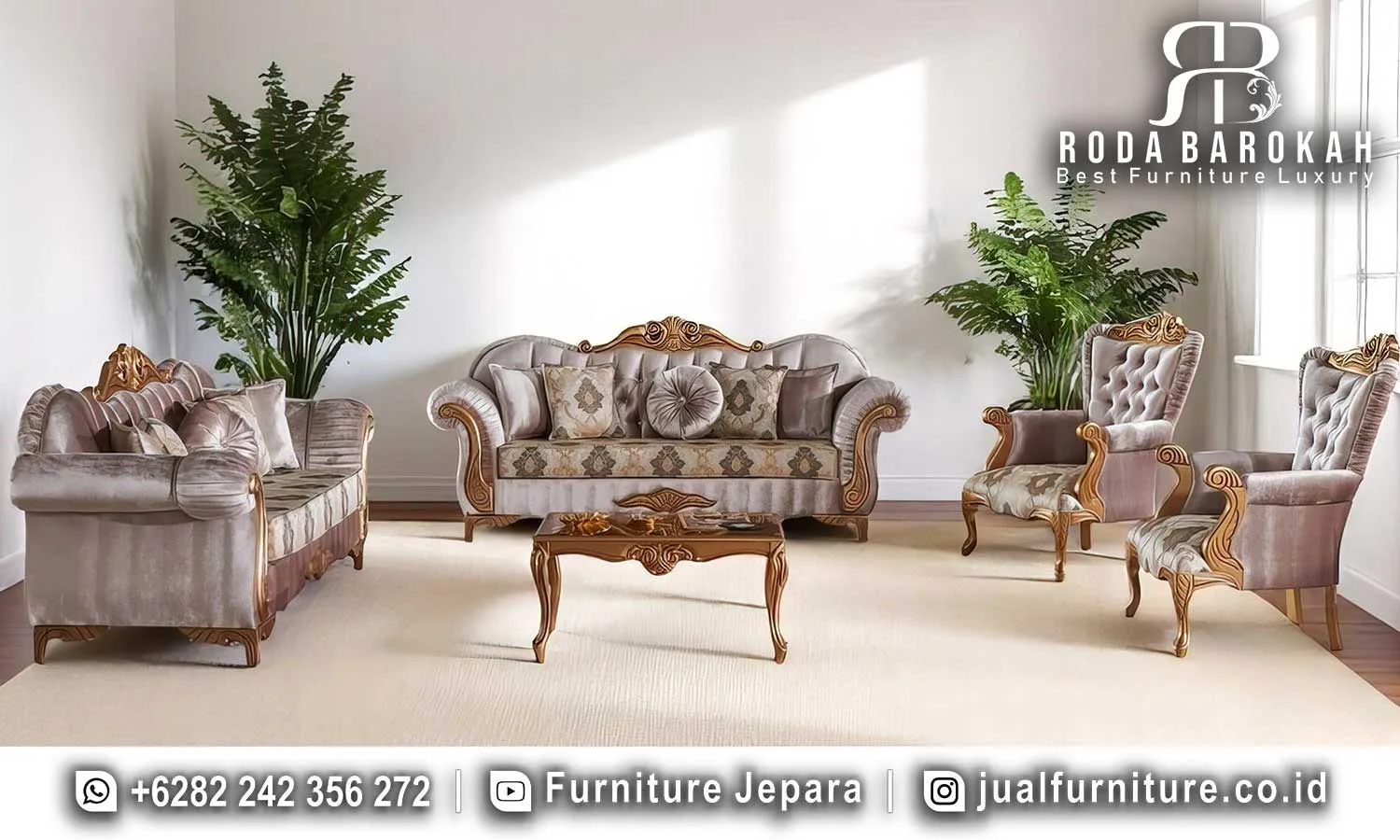 Harga Sofa Ruang Tamu Eropa Desain Cantik Elegan STM-1051 1 Set sofa ruang tamu Eropa elegan STM-1051 lengkap dengan sofa 3 dudukan, sofa 2 dudukan, 2 sofa 1 dudukan high back wingchair, dan meja tamu persegi ukiran gold.
