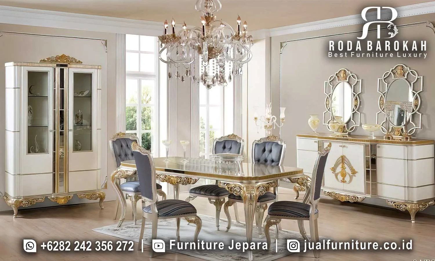 Ide Meja Makan Mewah Ukiran Jati Ivory SMM-791 1 Set meja makan mewah ukiran jati ivory SMM-791 lengkap dengan meja persegi panjang kaki ukiran gold, 6 kursi oval medallion diamond tufting abu biru, china cabinet 2 pintu kaca, dan sideboard cermin oval ivory gold.