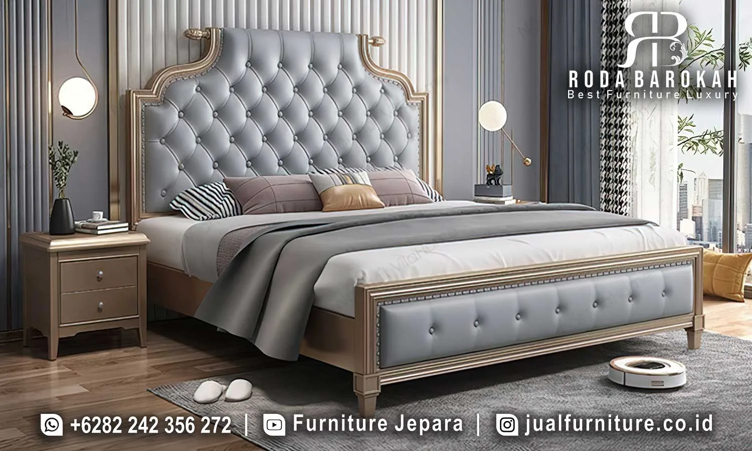 Jual Dipan Tempat Tidur Mewah Ukiran Klasik Modern STT-641 1 Set dipan tempat tidur mewah ukiran klasik modern STT-641 lengkap dengan headboard sangat tinggi diamond tufting abu silver, bingkai champagne gold, ornamen scroll puncak, panel footboard tufting, dan nakas 2 laci champagne gold.