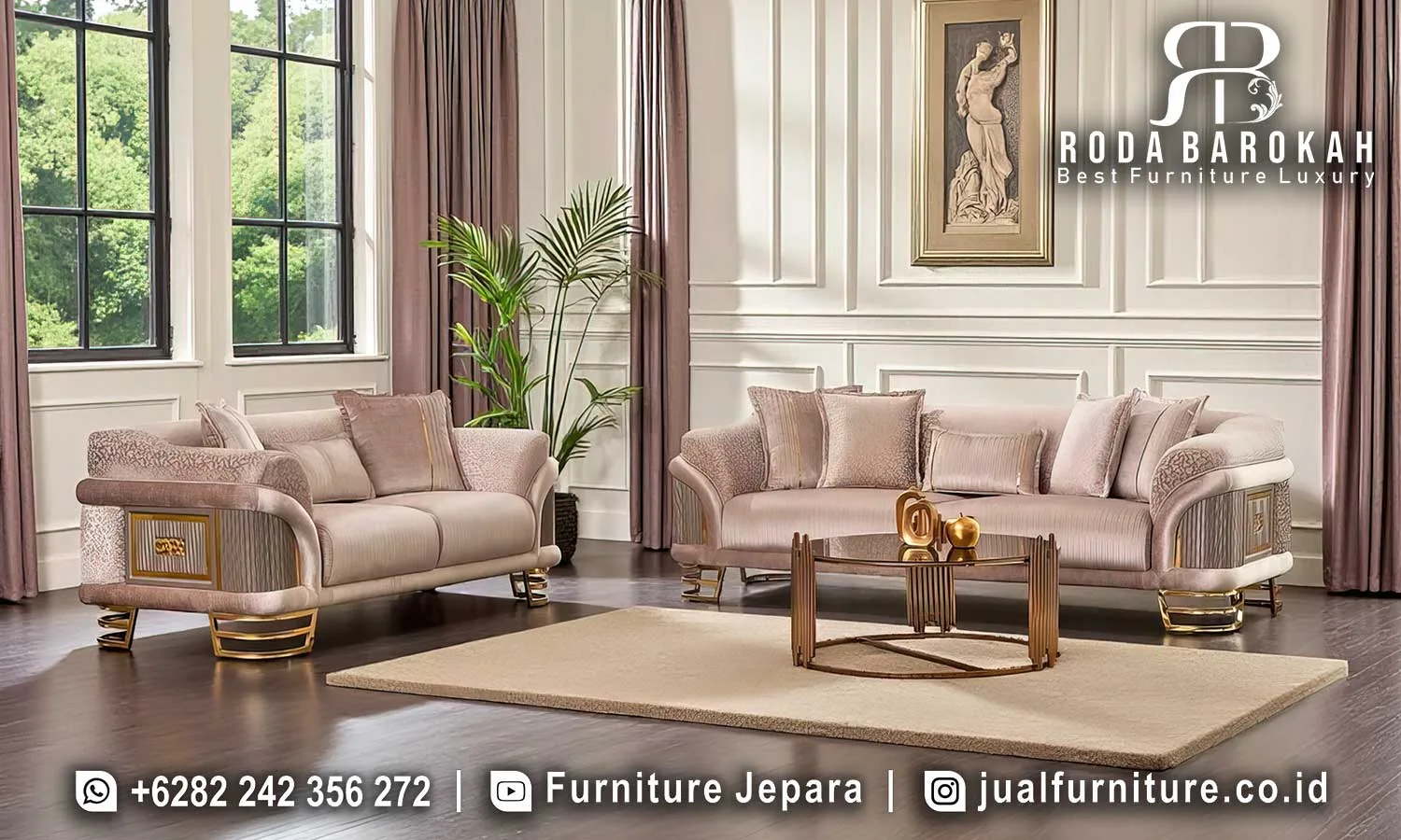 Jual Kursi Sofa Tamu Mewah Modern Dusty Pink STM-1053 1 Set sofa tamu mewah modern dusty pink STM-1053 lengkap dengan sofa 3 dudukan dan sofa 2 dudukan kain pleated dusty pink panel jacquard bingkai gold, serta meja tamu bulat stainless gold.