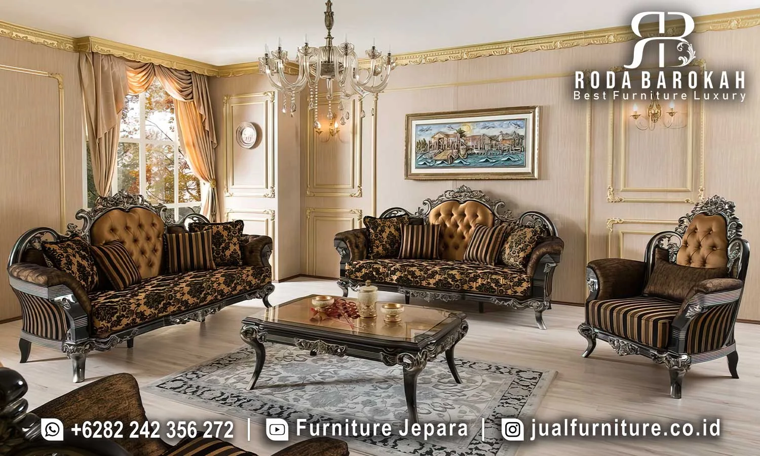 Jual Kursi Tamu Mewah Sultan Kualitas Ekspor STM-1057 1 Set kursi tamu mewah sultan kualitas ekspor STM-1057 lengkap dengan sofa 3 dudukan, sofa 2 dudukan, single chair motif damask, dan meja tamu ukir hitam top kaca.