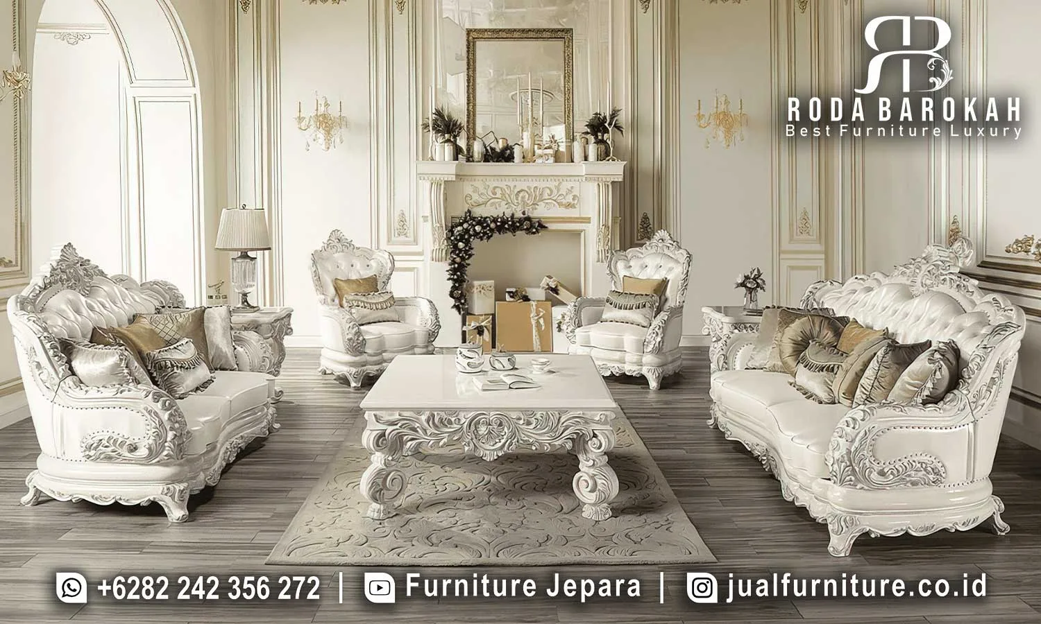 Jual Sofa Tamu Mewah Ukiran Warna Putih Elegan STM-1050 1 Set sofa tamu mewah ukiran putih elegan STM-1050 lengkap dengan sofa 3 dudukan, sofa 2 dudukan, 2 sofa 1 dudukan, dan meja tamu persegi ukiran Baroque putih glossy.