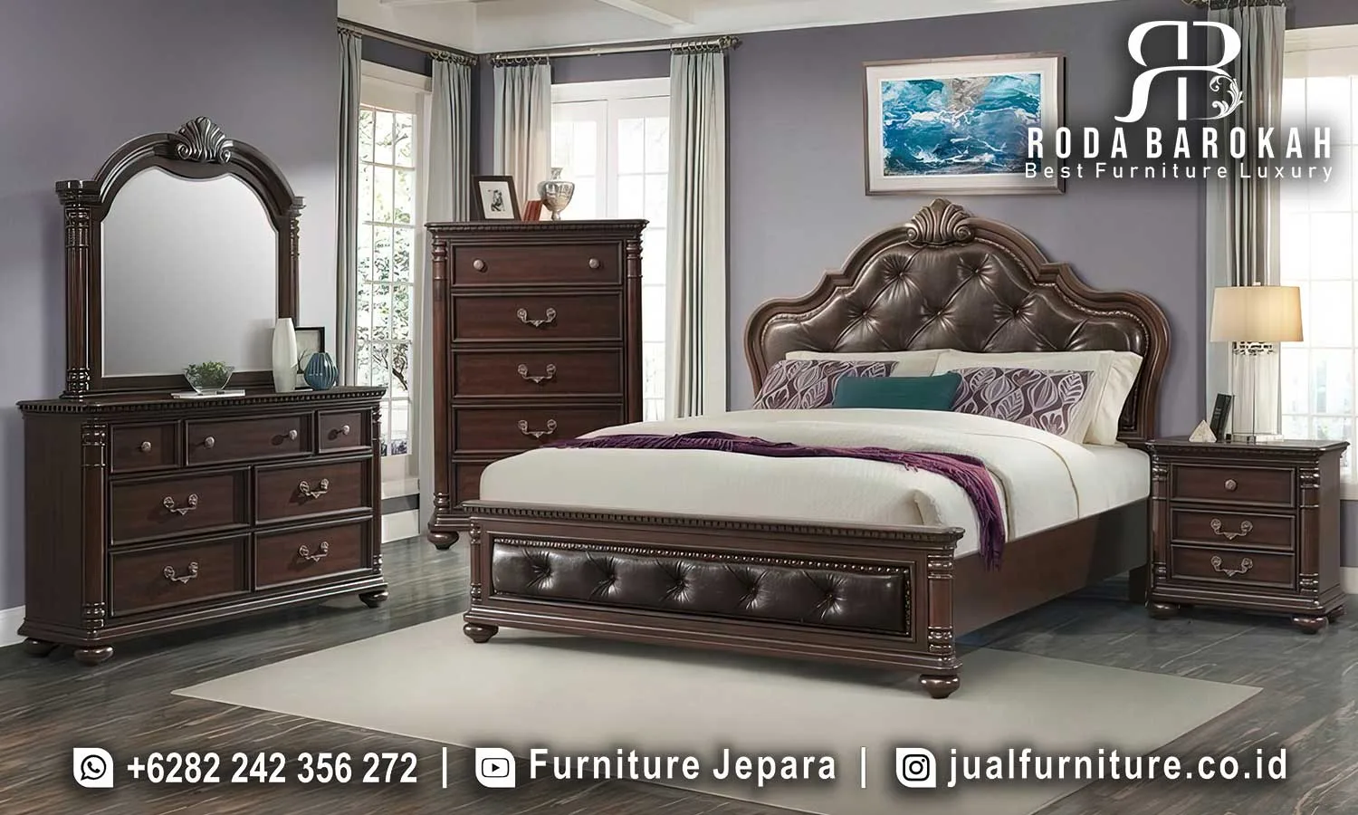 Jual Tempat Tidur Mewah Jati Mewah Kulit STT-646 1 Set tempat tidur mewah jati kulit STT-646 lengkap dengan ranjang headboard ukir tufting kulit, nakas 3 laci, chest of drawer 5 laci, dan meja rias 7 laci dengan cermin ukir besar.