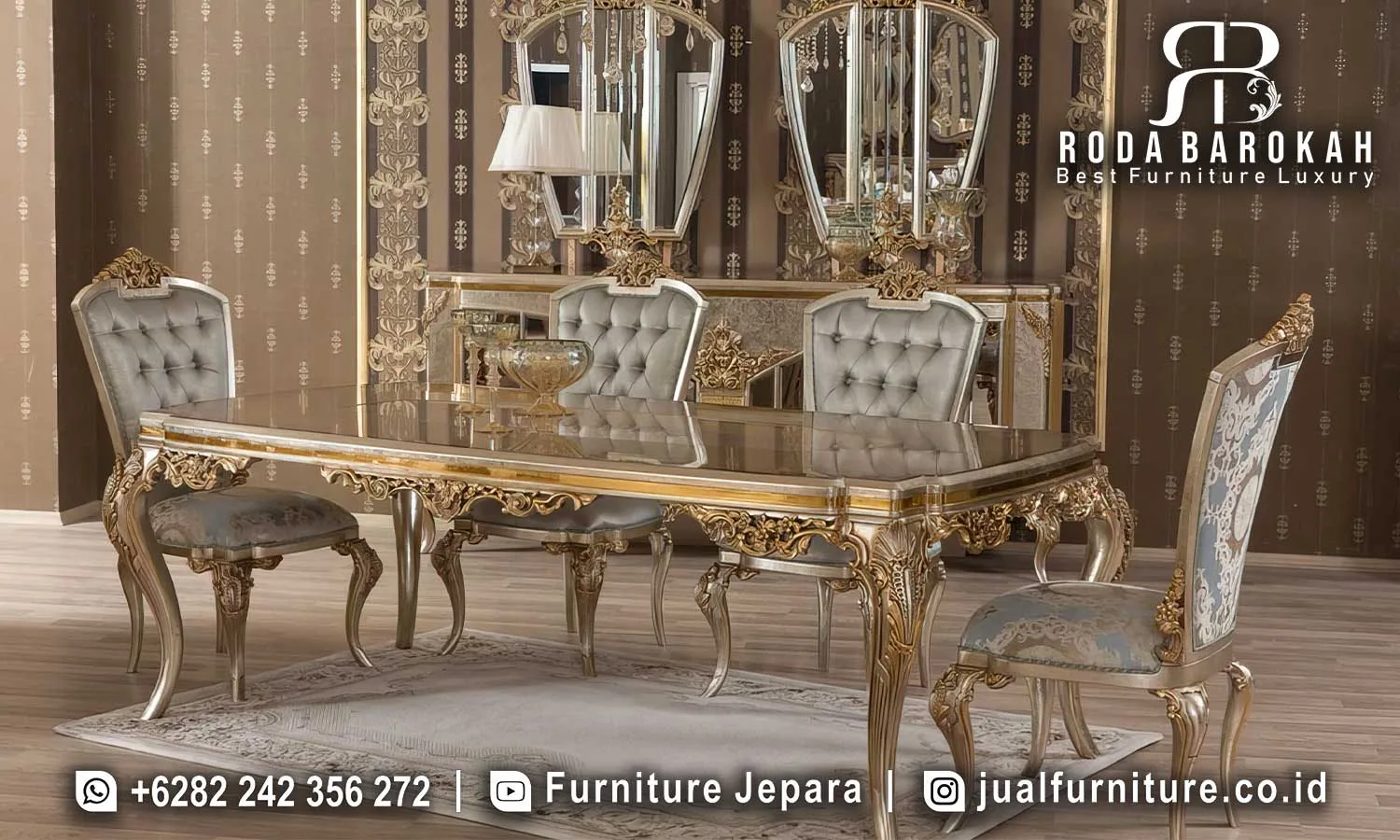 Model Set Ruang Makan Mewah Megah Desain Eropa SMM-794 1 Set ruang makan mewah megah Eropa SMM-794 lengkap dengan meja persegi panjang kaca kaki ukiran Baroque silver gold, kursi diamond tufting beludru abu silver, dan sideboard cermin mirrored ukiran Baroque gold.