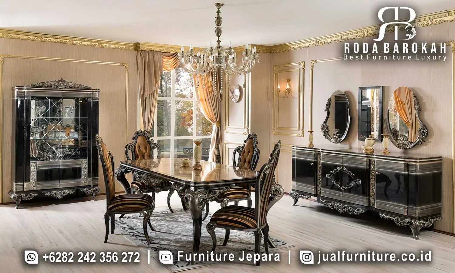 Pesan Meja Makan Mewah Elegan Anthracite Chrome Jepara SMM-792 1 Set meja makan mewah anthracite chrome Jepara SMM-792 lengkap dengan meja persegi panjang kaki ukiran chrome, 6 kursi Baroque chrome tufting kulit bronze, china cabinet 2 pintu kaca anthracite, dan sideboard cermin ukir chrome.
