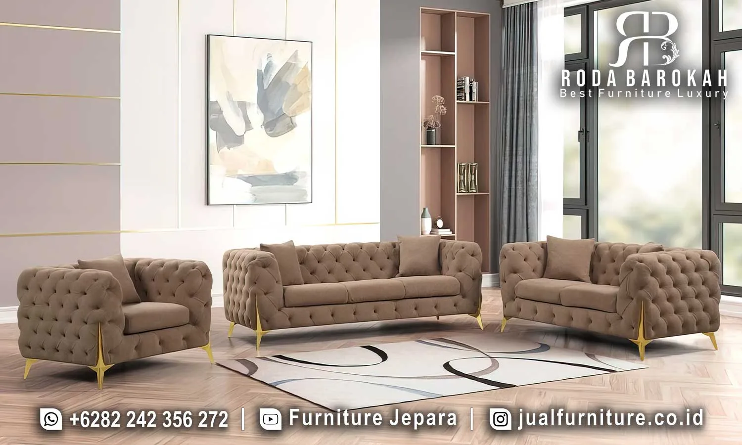 Rekomendasi Sofa Tamu Mewah Modern Kaki Stainless Gold STM-1052 1 Set sofa tamu mewah modern kaki stainless gold STM-1052 lengkap dengan sofa 3 dudukan, sofa 2 dudukan, dan sofa 1 dudukan diamond tufting beludru cokelat latte kaki V gold.