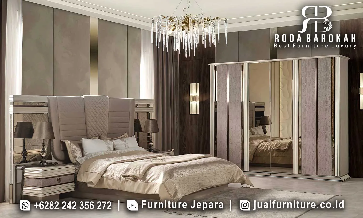 Set Kamar Tidur Mewah Desain Modern Elegan STT-647 1 Set kamar tidur mewah modern elegan STT-647 lengkap dengan ranjang headboard wingback diamond tufting beludru greige taupe, panel mirrored silver, 2 nakas, dan lemari 6 pintu cermin panel tekstur greige.