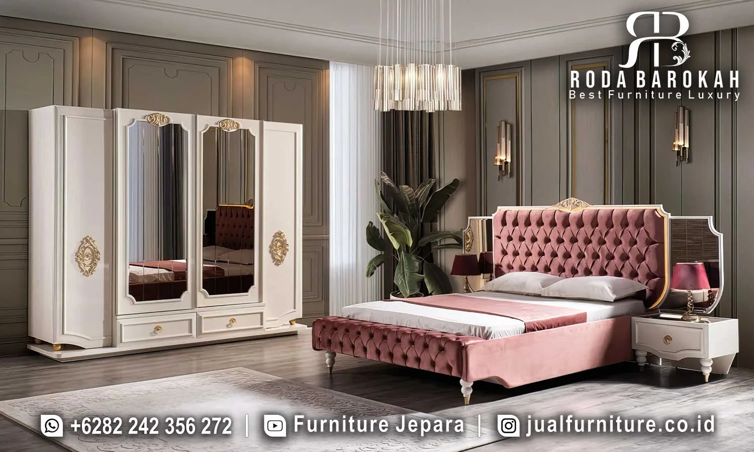 Set Kamar Tidur Mewah Klasik Modern Ukiran Jepara Elegan STT-646 1 Set kamar tidur mewah klasik modern STT-646 lengkap dengan ranjang headboard dan footboard diamond tufting beludru dusty pink rose, nakas 1 laci, dan lemari 4 pintu cermin putih duco gold.