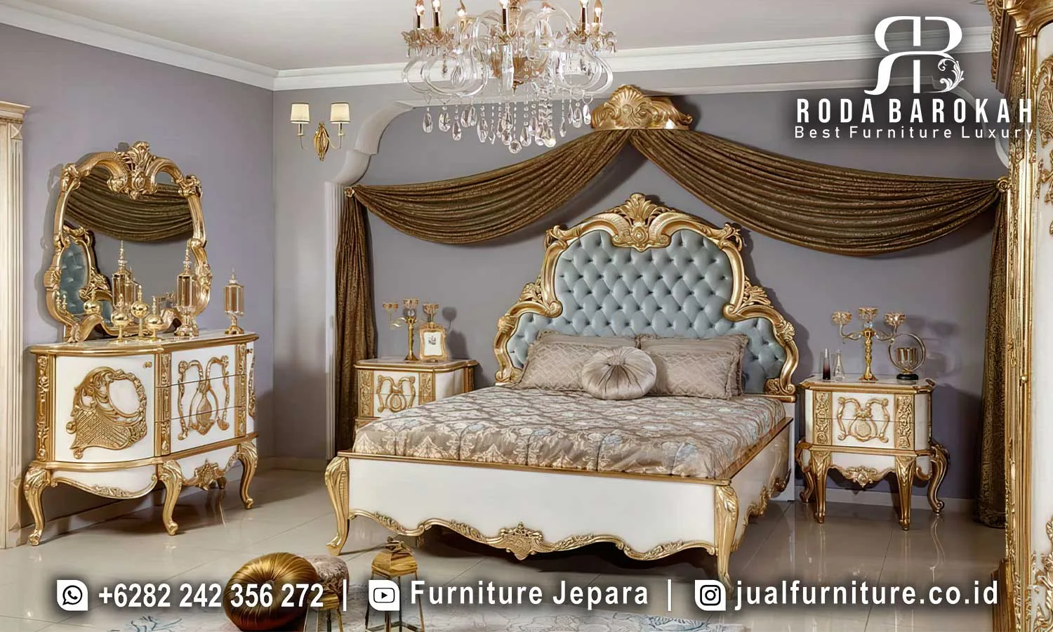 Set Kamar Tidur Mewah Putih Gold Ukiran Jepara STT-649 1 Set kamar tidur mewah Baroque putih gold lengkap dengan ranjang headboard diamond tufting beludru biru sage, mahkota ukiran gold, 2 nakas ukiran putih gold, dan dresser dengan cermin oval bingkai ukiran gold.