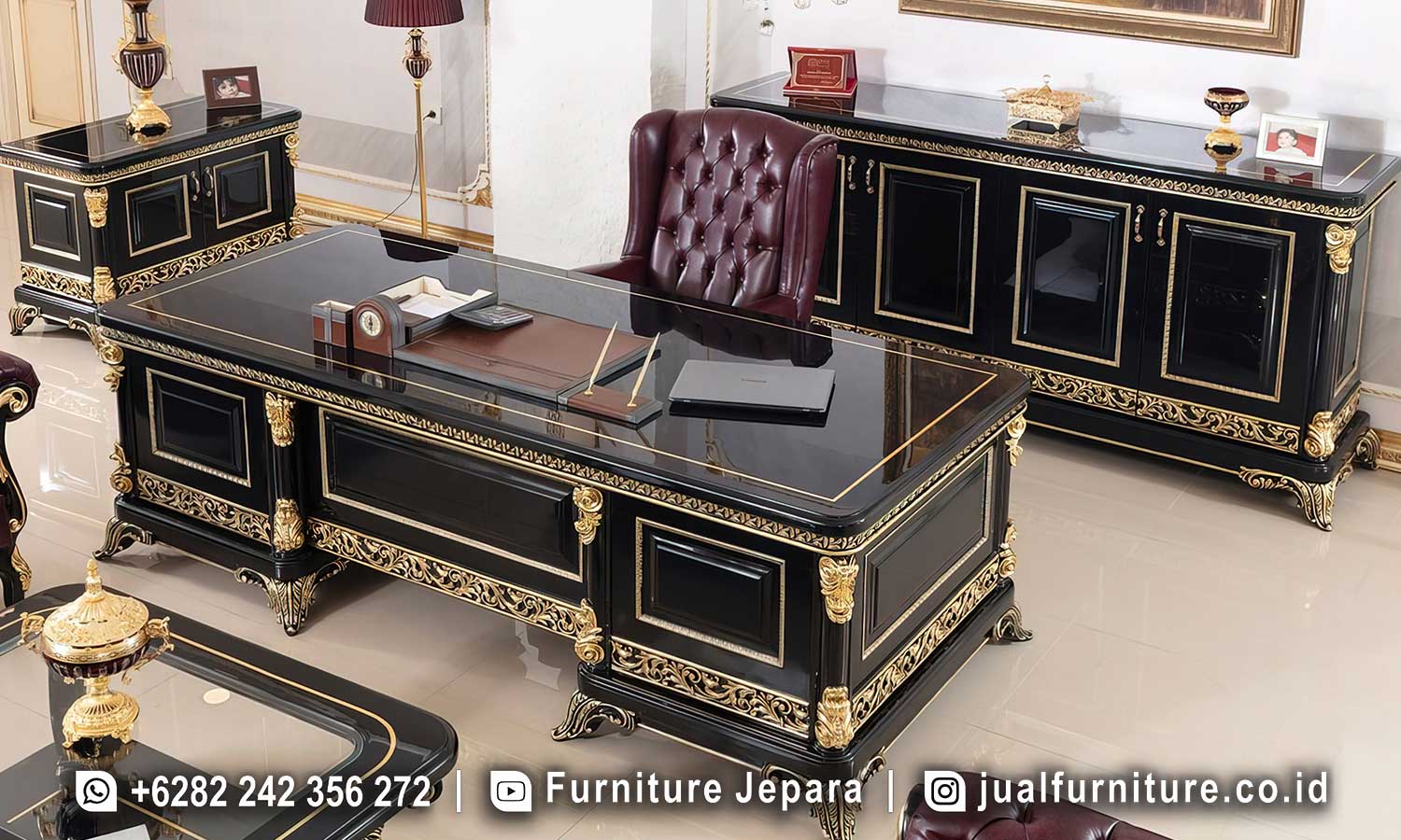 Set Meja Kerja Direktur Mewah Klasik Hitam Ukir Emas FK-022 1 Set Meja Kerja Direktur Mewah Klasik Hitam Ukir Emas FK-022