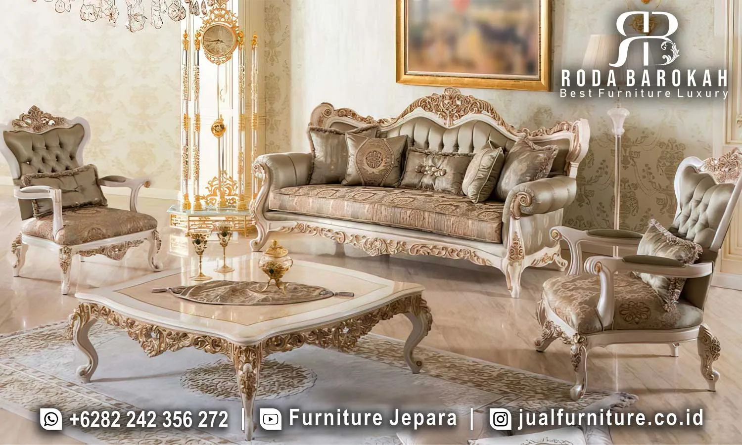 Set sofa tamu klasik Eropa putih duco STM-1047 lengkap dengan sofa 3-dudukan, 2 wingback chair ukir tufting, meja tamu ukir kaki cabriole, dan stool ukir.