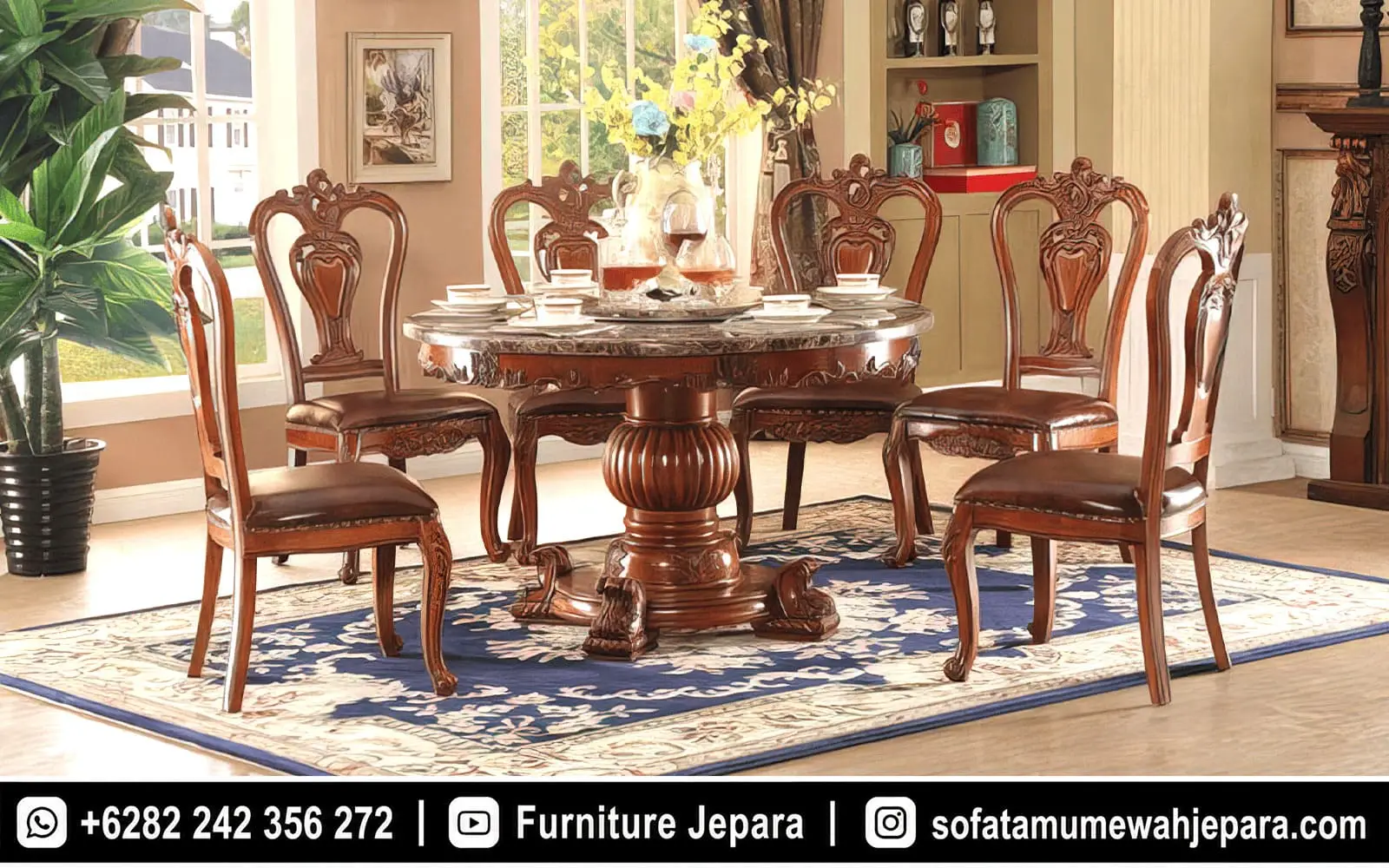 Set Meja Makan Mewah Bundar Klasik Ukir Kayu Jati ST-019