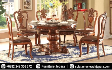 Set Meja Makan Mewah Bundar Klasik Ukir Kayu Jati ST-019