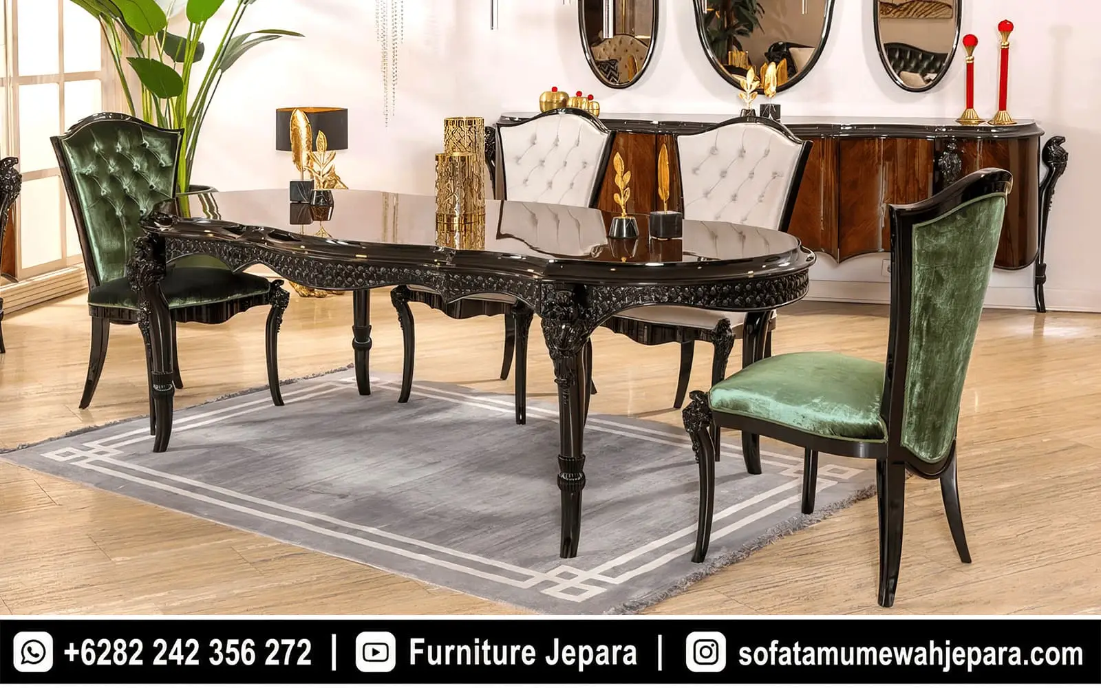 Set Meja Makan Mewah Klasik Ukir Hitam Elegan ST-018