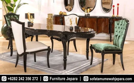 Set Meja Makan Mewah Klasik Ukir Hitam Elegan ST-018