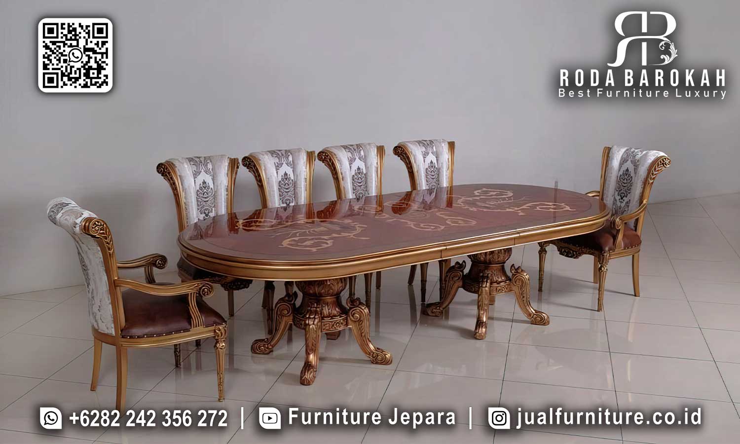 Set Meja Makan Mewah Oval Inlay Kayu Jati SMM-781 1 Set Meja Makan Mewah Oval Inlay Kayu Jati SMM-781