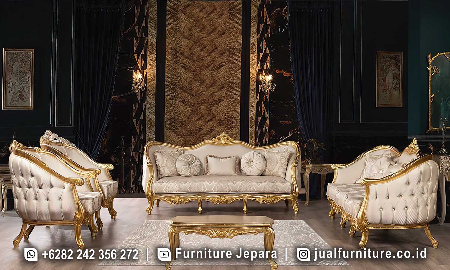 Set Sofa Tamu Mewah Klasik Ukiran Prada Emas STM-1043