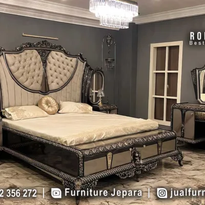 Set Tempat Tidur Mewah Baroque Hitam Silver Ukiran Jepara STT-648