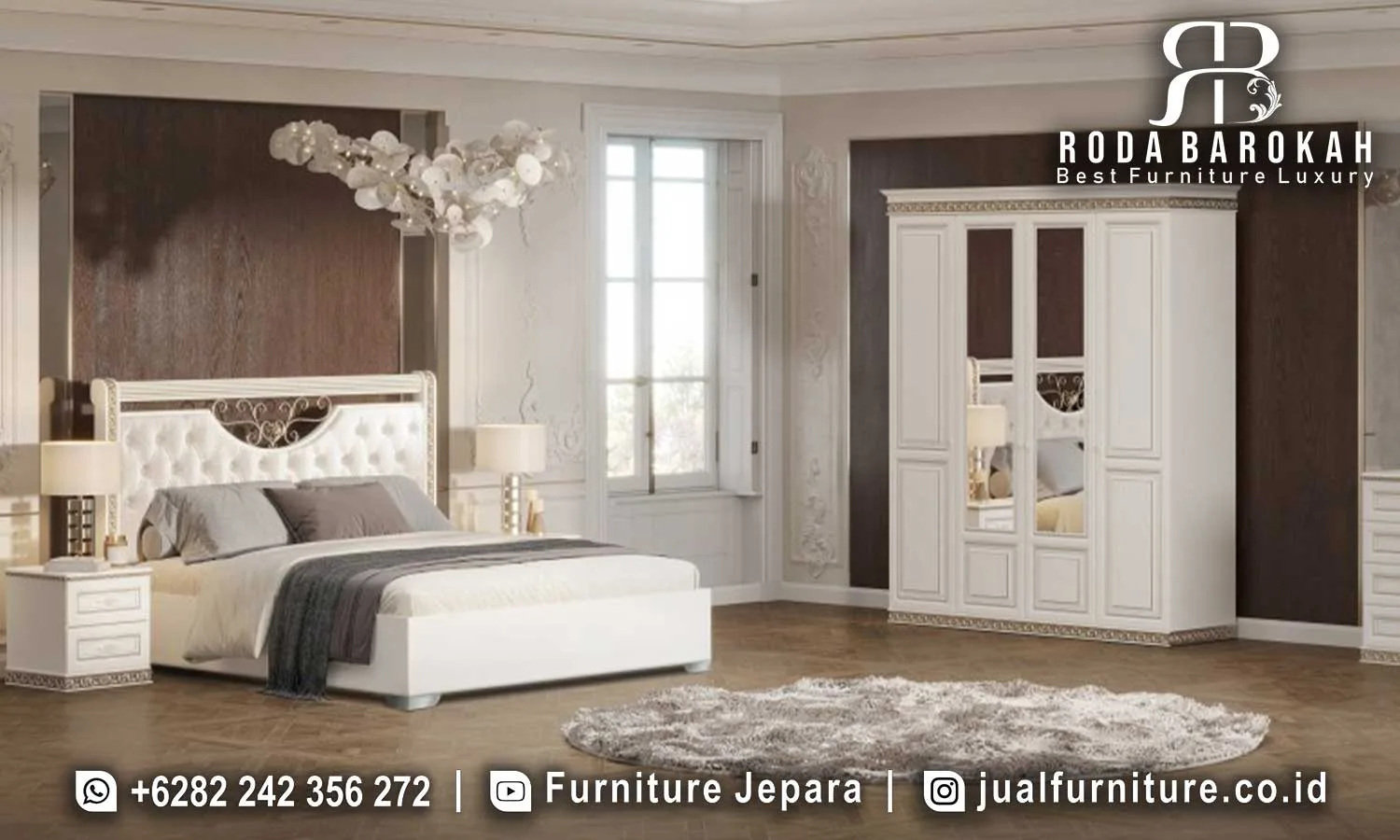 Set tempat tidur mewah putih duco STT-639 lengkap dengan ranjang headboard diamond tufting ornamen besi tempa, 2 nakas 3 laci, dan lemari 4 pintu cermin putih duco.