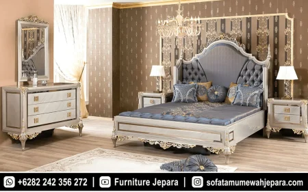 Set Tempat Tidur Mewah Ukiran Klasik Silver Blue ST-023