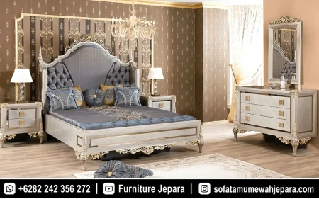 Set Tempat Tidur Mewah Ukiran Klasik Silver Blue ST-023