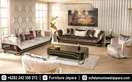 Sofa Ruang Tamu Mewah Modern Beludru Aksen Gold ST-028
