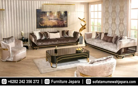 Sofa Ruang Tamu Mewah Modern Beludru Aksen Gold ST-028