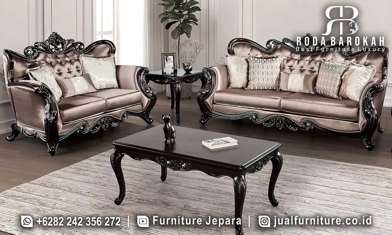 Sofa Ruang Tamu Mewah Ukiran Jati Espresso STM-1054 1 Set sofa ruang tamu mewah ukiran jati espresso STM-1054 lengkap dengan sofa 3 dudukan, sofa 2 dudukan diamond tufting satin bronze rose, meja tamu persegi espresso, dan meja sudut espresso.