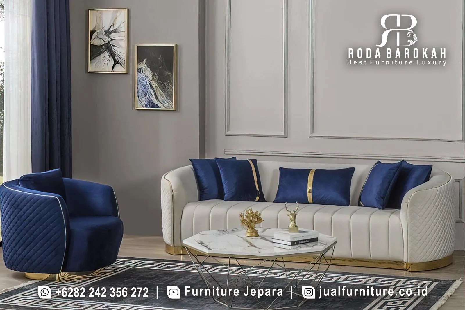 Sofa Tamu Mewah Modern Navy Ivory Gold STM-1062 2 Sofa Tamu Mewah Modern Navy Ivory Gold STM-1062
