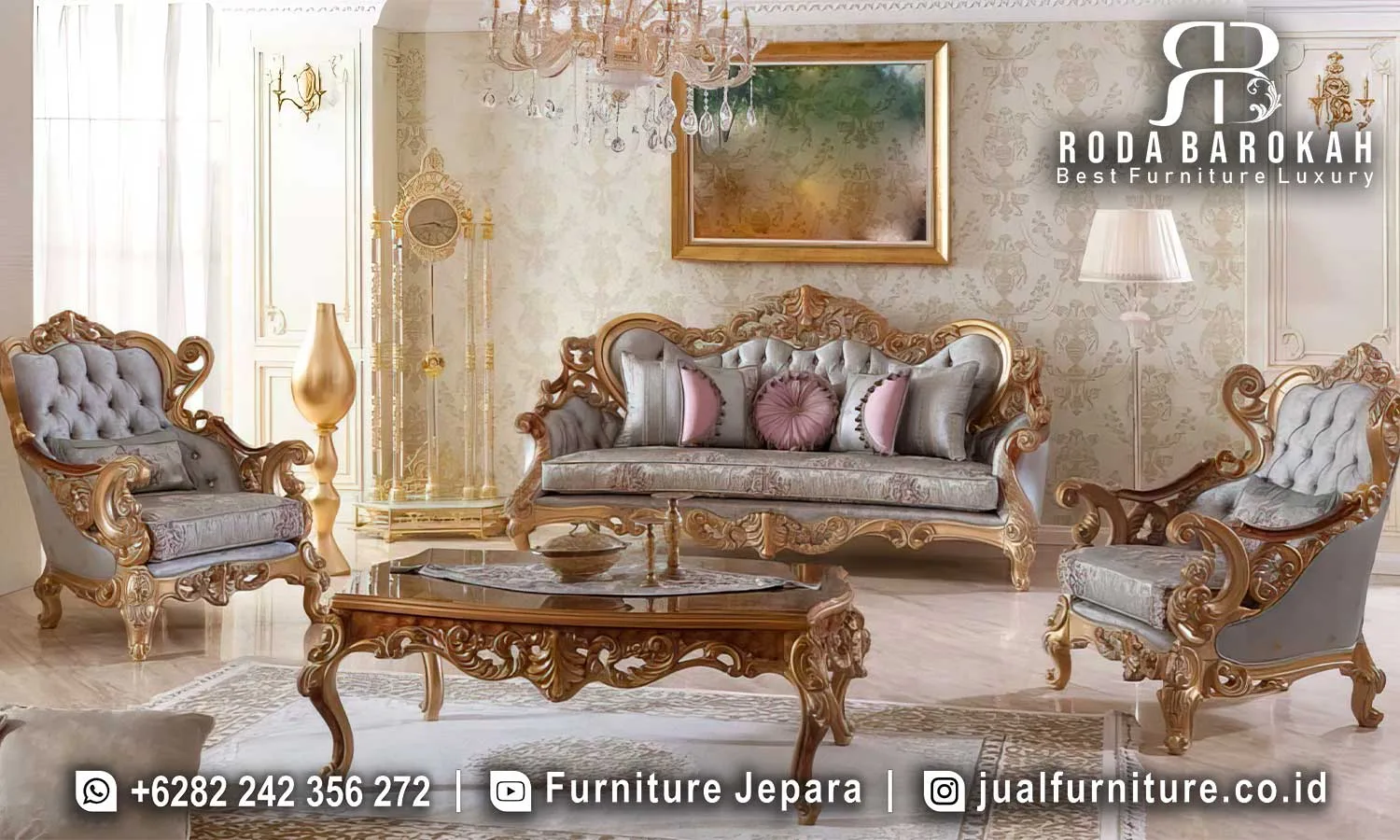 Set sofa tamu mewah ukiran Jepara STM-1048 lengkap dengan sofa 3 dudukan, 2 sofa 1 dudukan, dan meja tamu oval kaca hitam kaki ukiran Baroque gold leaf.