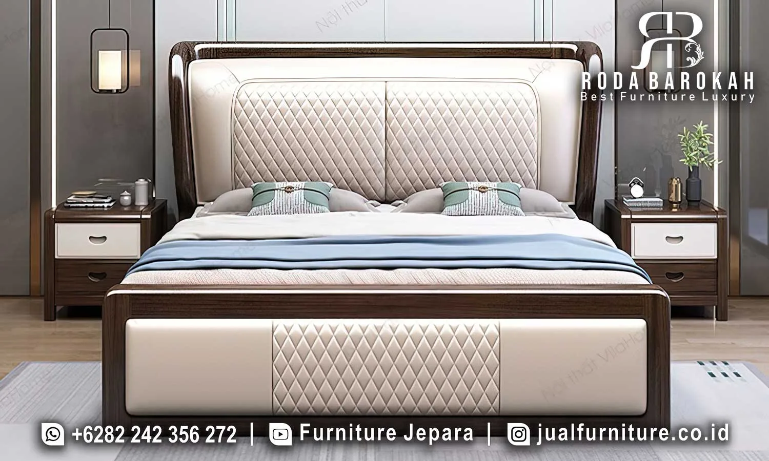 Tempat Tidur Mewah Elegant Untuk Kamar Utama STT-640 1 Set tempat tidur mewah elegant kamar utama STT-640 lengkap dengan ranjang headboard diamond tufting kulit krem ivory bingkai walnut LED, panel footboard tufting, dan 2 nakas 2 laci two-tone walnut putih.