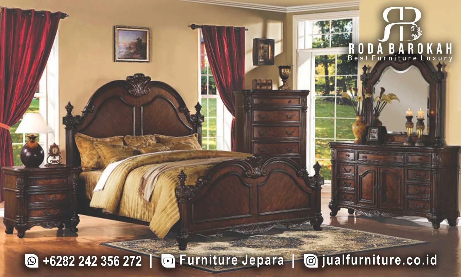 Tempat Tidur Mewah Victorian Warna Salak Tua STT-642 1 Set tempat tidur mewah Victorian salak tua STT-642 lengkap dengan ranjang four poster ukiran mahkota, 2 nakas 3 laci, chest of drawer 5 laci, dan dresser 9 laci dengan cermin lengkung berukir.