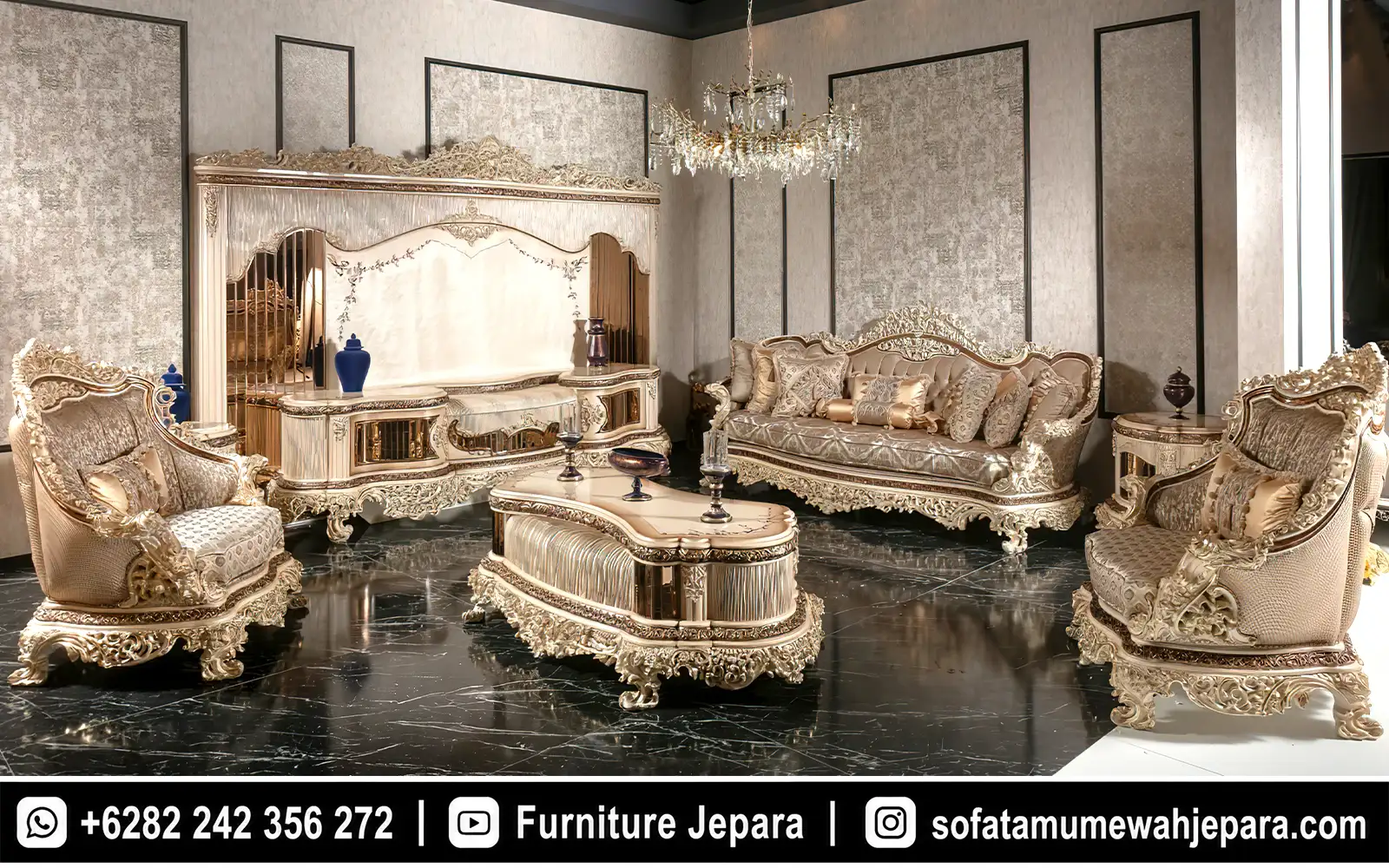 Set Sofa Tamu Mewah Elegan Champagne Bronze Mirror ST-042