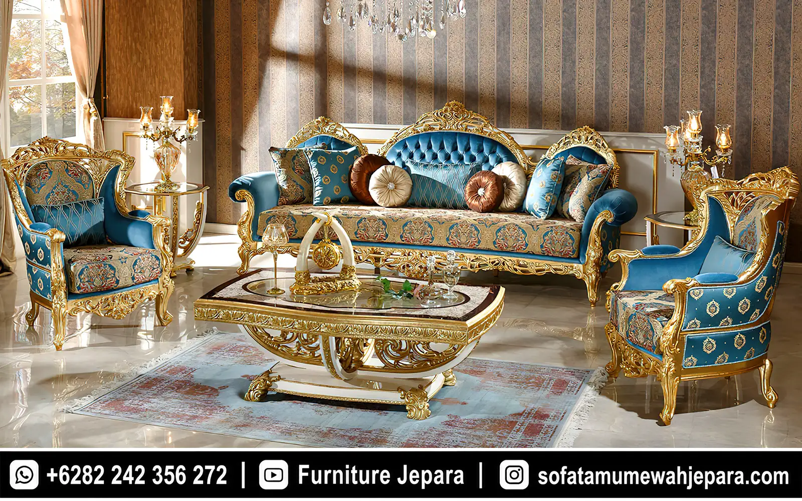 Set Sofa Tamu Mewah Ukiran Klasik Royal Blue ST-038