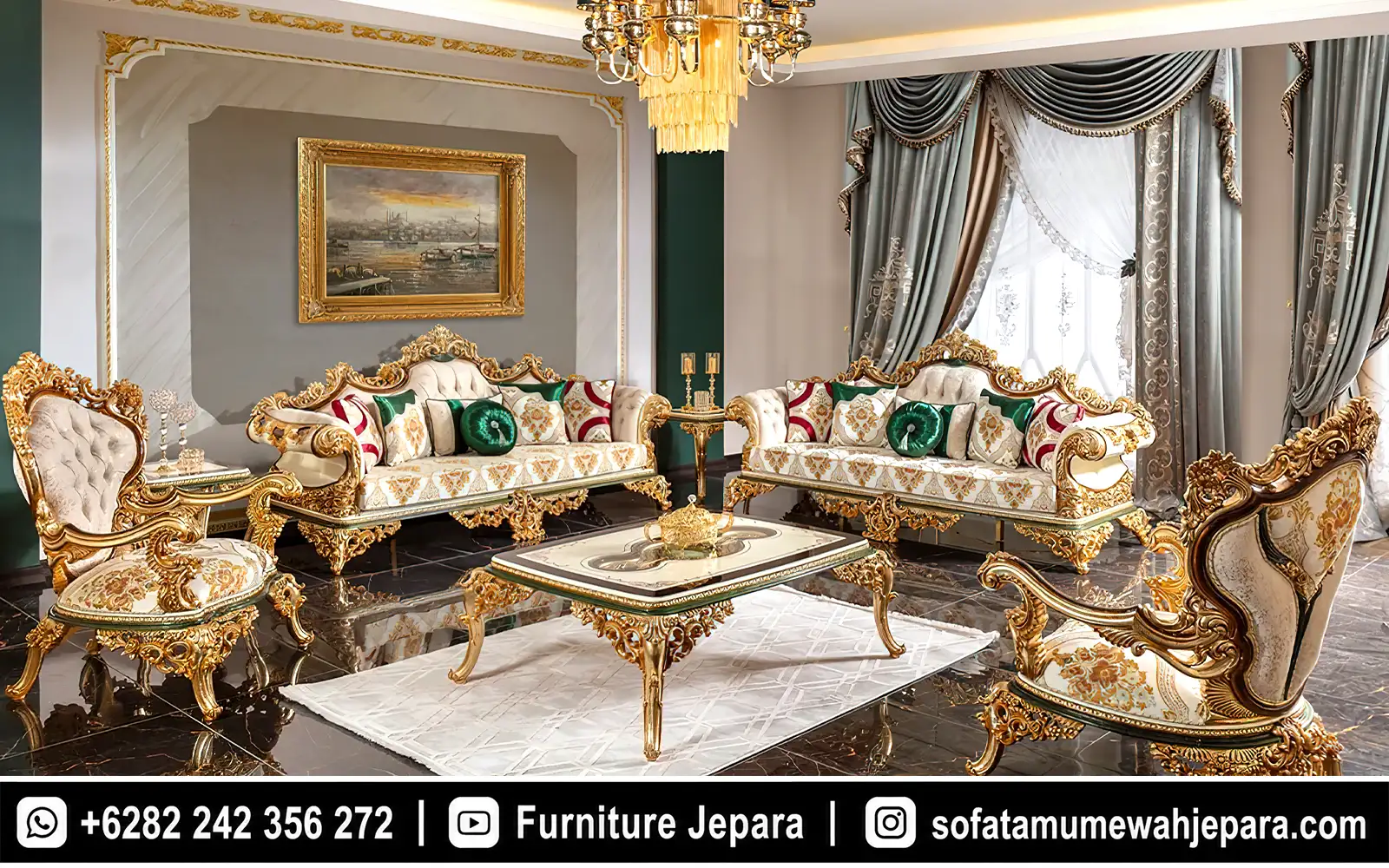 Sofa Ruang Tamu Mewah Klasik Style Emerald Gold ST-041
