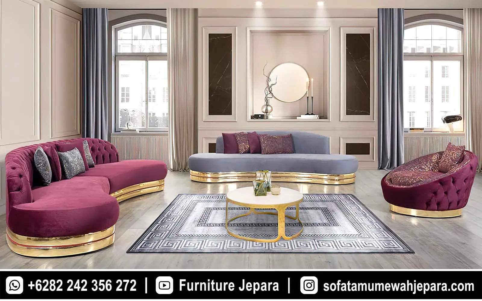 Sofa Tamu Minimalis Mewah Model Curved Aksen Gold ST-040