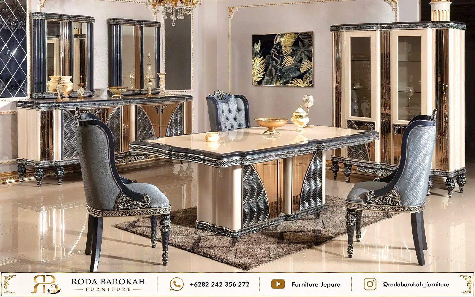 Jepara Meja Makan Mewah Ukiran Grey Silver Cream Mebel