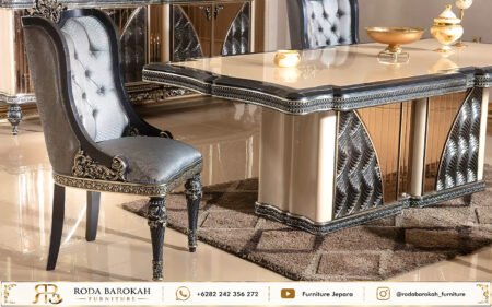 Jepara Meja Makan Mewah Ukiran Grey Silver Cream Mebel