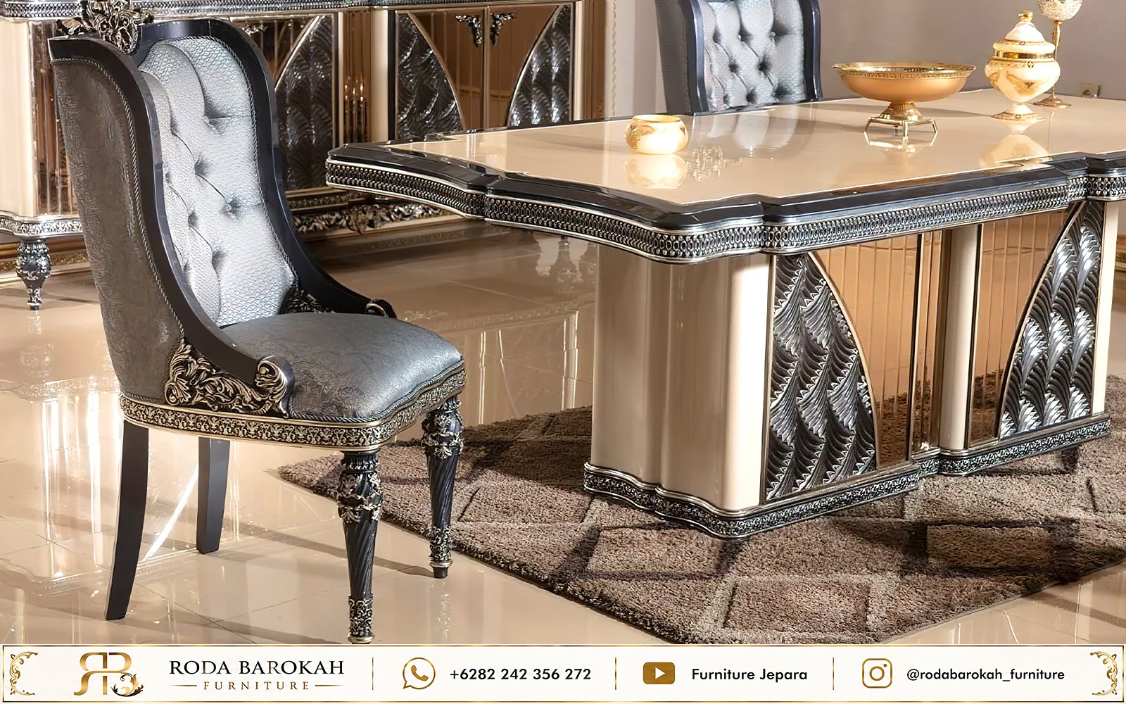 Jepara Meja Makan Mewah Ukiran Grey Silver Cream Mebel