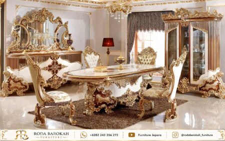 Jual Meja Makan Klasik Ukir Mewah Champagne Gold Jepara
