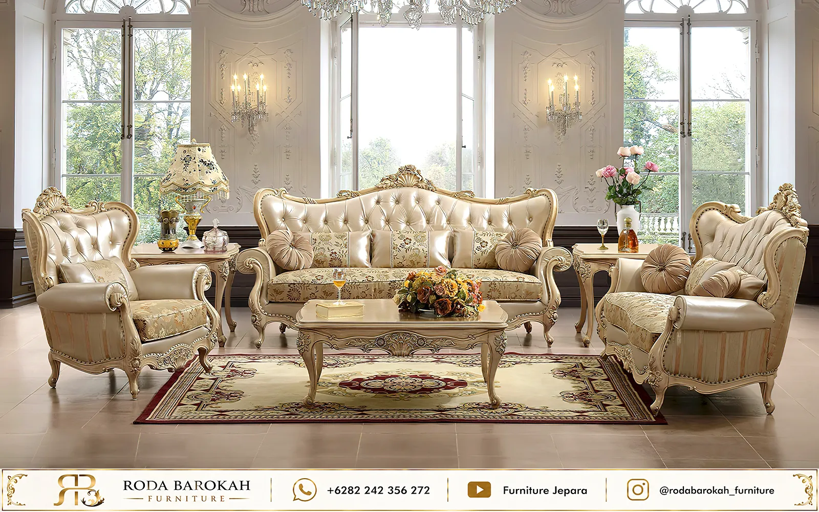 Jual Sofa Tamu Set Mewah Warna Krem Gaya Neoklasik