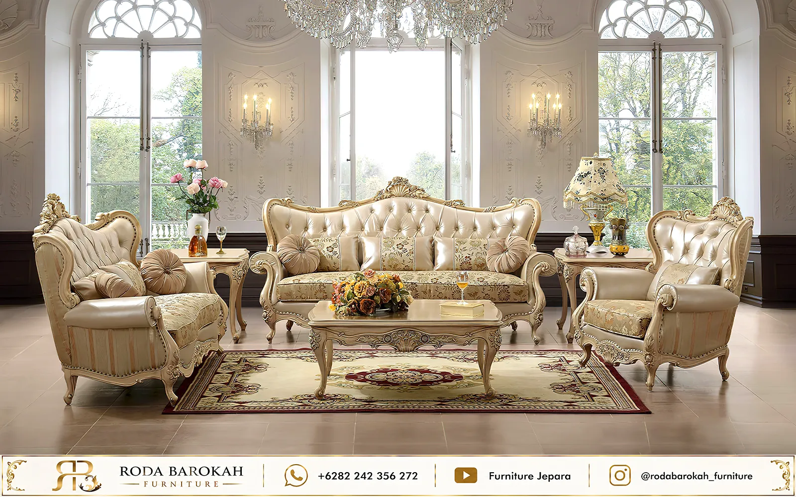 Jual Sofa Tamu Set Mewah Warna Krem Gaya Neoklasik