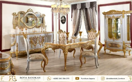 Konsep Ruang Makan Mewah Klasik Pearl Silver Gold Leaf