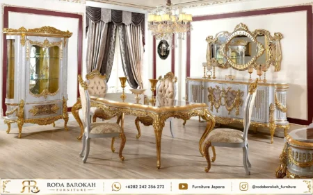 Konsep Ruang Makan Mewah Klasik Pearl Silver Gold Leaf