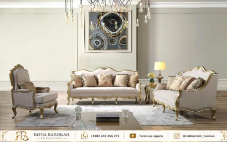 Konsep Ruang Tamu Klasik Modern Ukiran Beige Gold