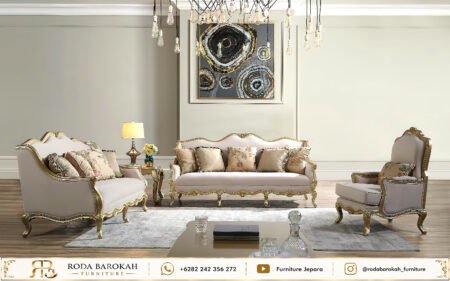 Konsep Ruang Tamu Klasik Modern Ukiran Beige Gold