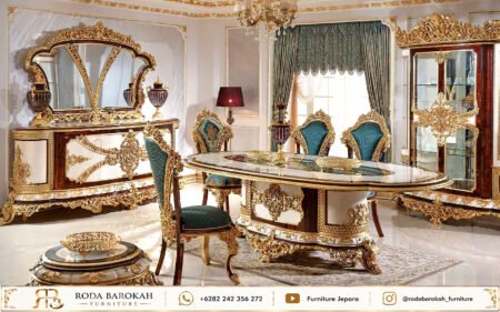 Meja Makan Mewah Ukiran Jepara Teal Mahogany Gold